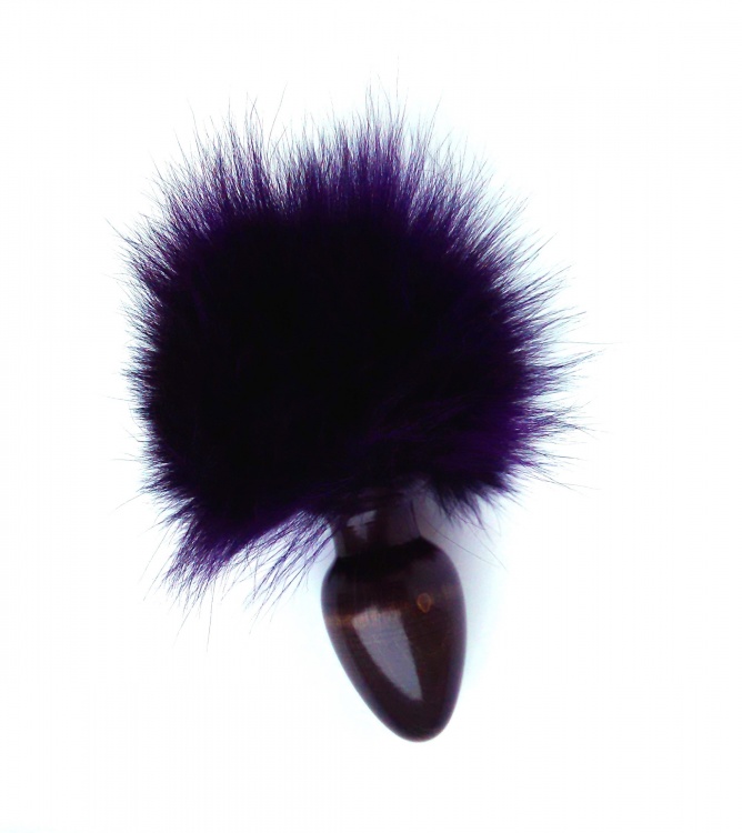 Анальная пробка с фиолетовым заячьим  хвостом  40мм HT40black/purple